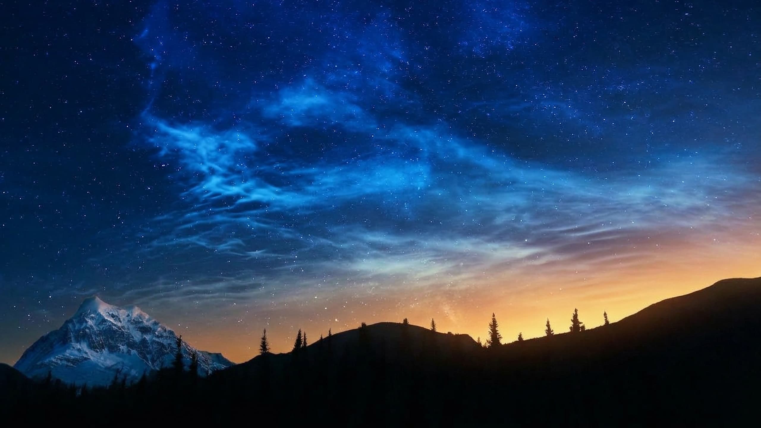 Snowy mountain peak and pine silhouettes under a starry blue sky with an orange glow on the horizon